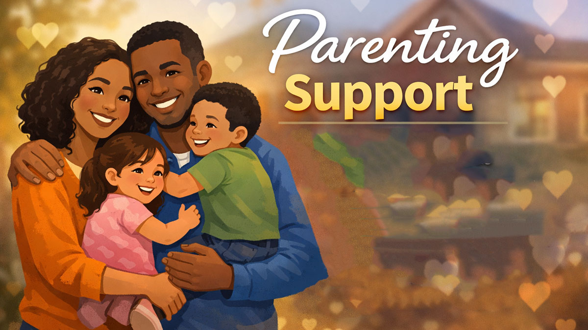 Illustration of a smiling family—mother, father, daughter, and son—hugging outdoors with heart shapes in the background. Large text reads Parenting Support. The atmosphere is warm and cheerful.