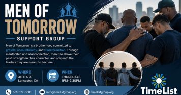 Flyer for “Men of Tomorrow Support Group” showing men standing together with arms around each other, event details, and contact info. The group meets Thursdays 1–2:30 PM at 311 E K-4, Lancaster, CA.