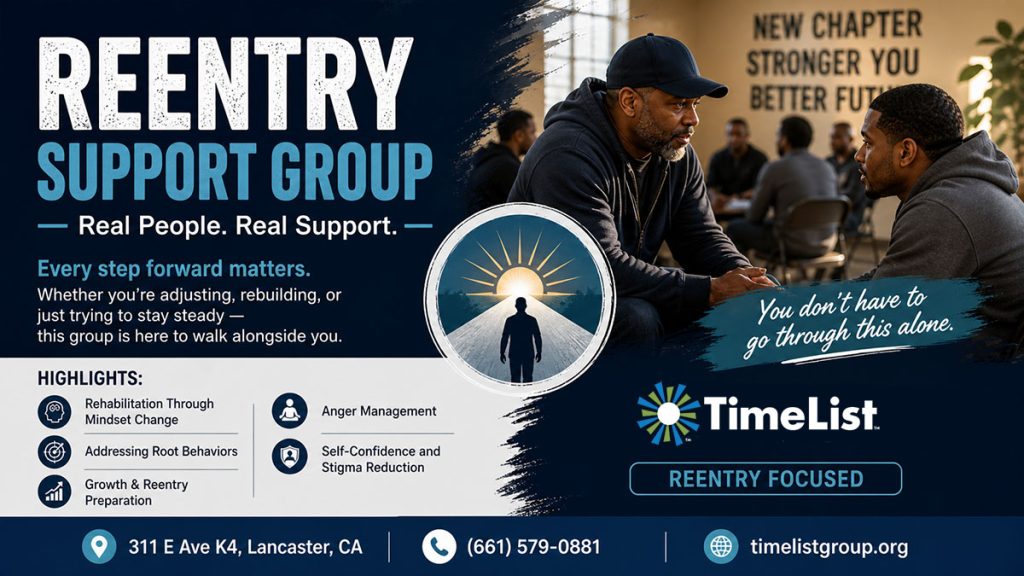 Flyer for a Reentry Support Group by TimeList, showing two men talking. Text highlights group support, mindset changes, anger management, and confidence. Contact info and address included. Blue and black color scheme.