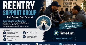 Flyer for a Reentry Support Group by TimeList, showing two men talking. Text highlights group support, mindset changes, anger management, and confidence. Contact info and address included. Blue and black color scheme.