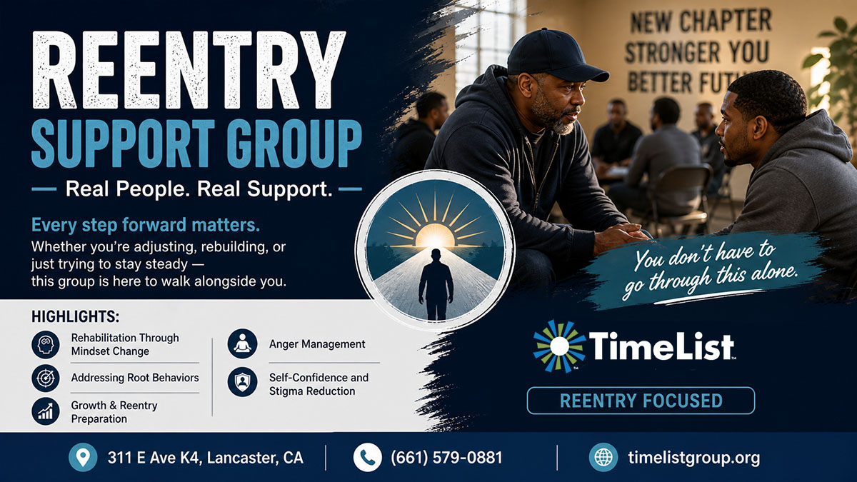 Flyer for a Reentry Support Group by TimeList, showing two men talking. Text highlights group support, mindset changes, anger management, and confidence. Contact info and address included. Blue and black color scheme.