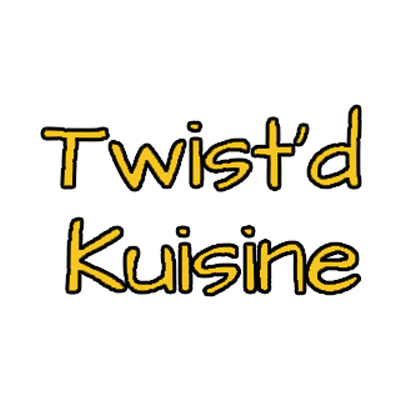The image shows the words Twistd Kuisine written in a playful yellow font with a black outline on a white background.