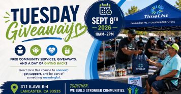 People attend a Tuesday Giveaway event, receiving free community services and bags. Event details, TimeList logo, and contact info are shown on banners. Outdoor tables are staffed by volunteers under sunny skies.
