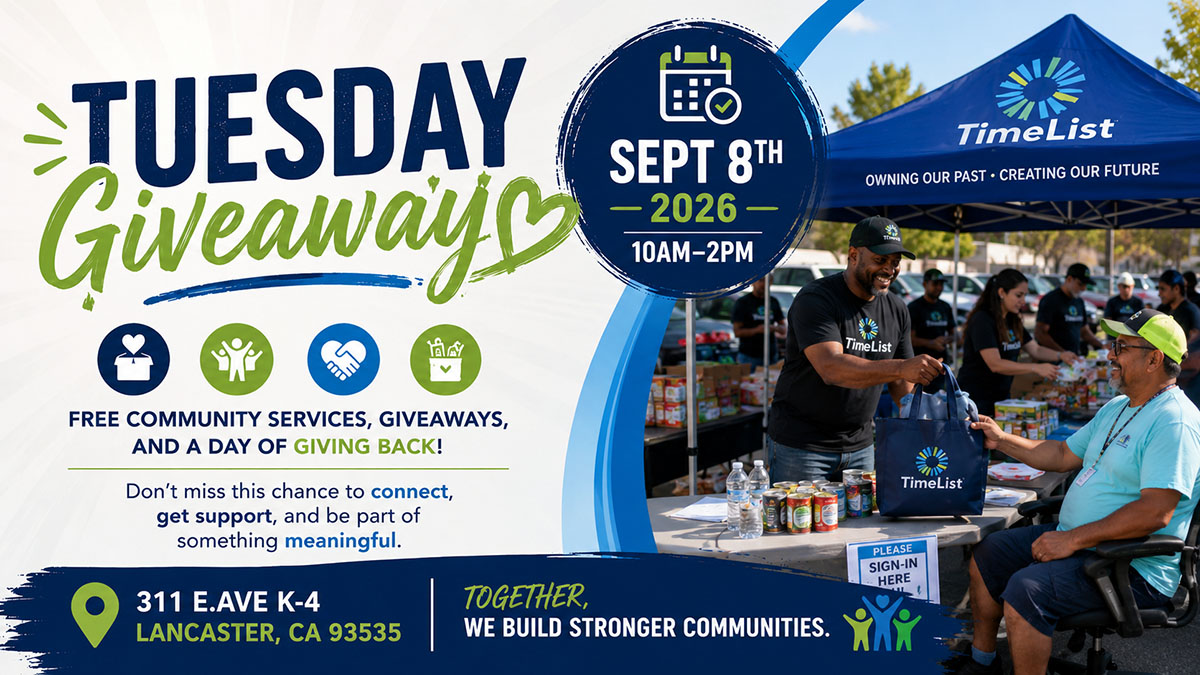 People attend a Tuesday Giveaway event, receiving free community services and bags. Event details, TimeList logo, and contact info are shown on banners. Outdoor tables are staffed by volunteers under sunny skies.