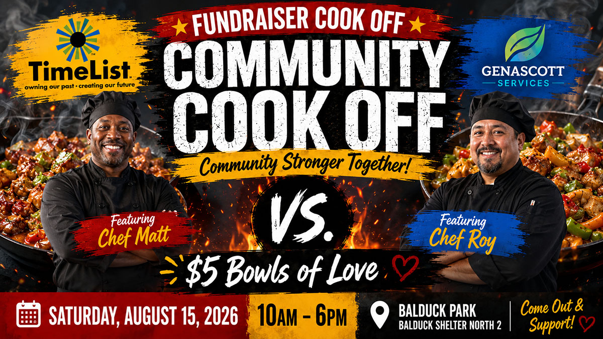 Two smiling chefs stand on each side of a bold Community Cook Off banner. Event details, sponsors, and date (August 15, 2026) are shown, with $5 food bowls and cook-off theme highlighted.